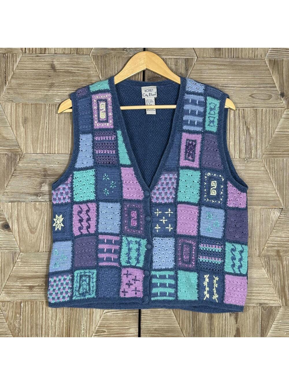 Koret Vintage Cottagecore Crochet Patchwork Boho Vest Navy Purple Knit Small